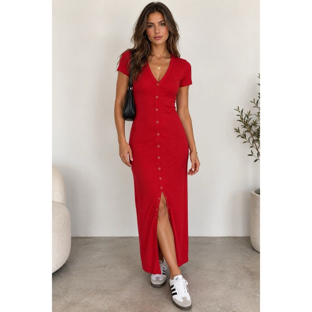 Vintage Links Red Ribbed Button Front Midi Dress Short Sleeve V Neck Size S